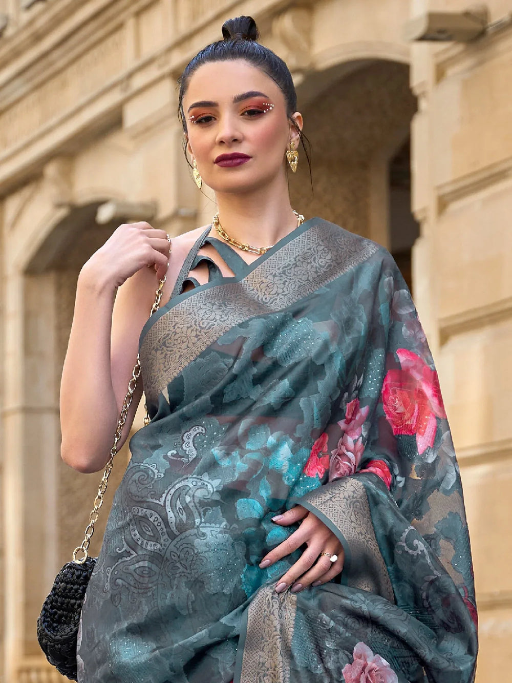 Teal Green Border Brasso Poly Printed Saree - The Dori Store