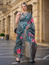 Teal Green Border Brasso Poly Printed Saree - The Dori Store