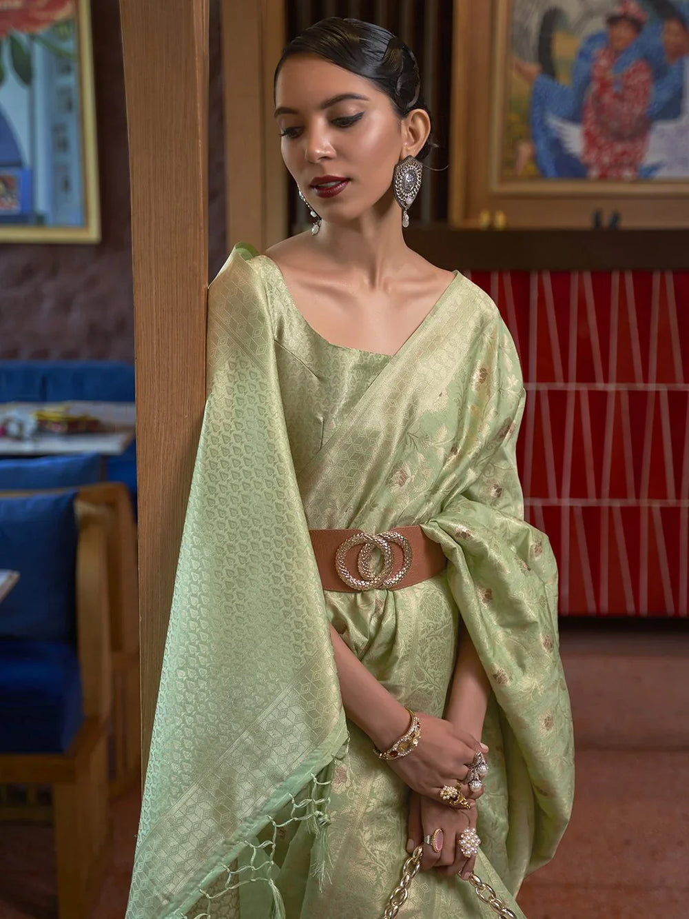 LightGreen Banarasi Silk Blend Woven Saree - The Dori Store