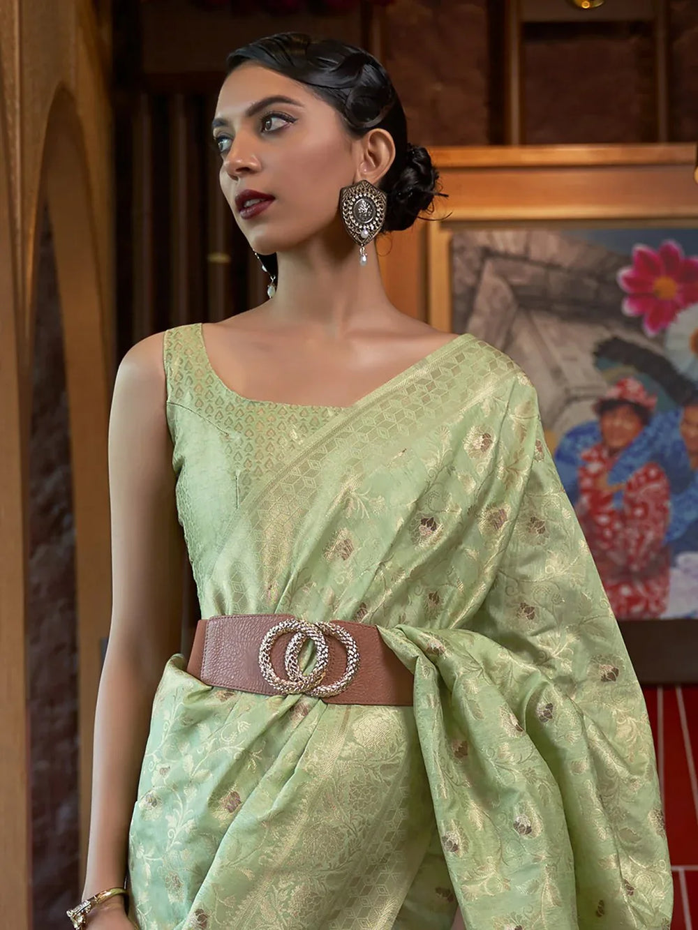LightGreen Banarasi Silk Blend Woven Saree - The Dori Store