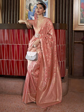 Peach Pink Banarasi Handloom Silk Saree - The Dori Store