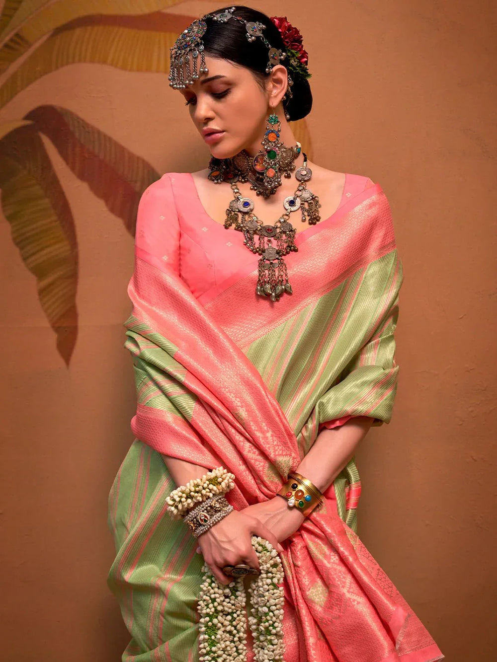 Pinkish Green Partywear Silk Saree - The Dori Store