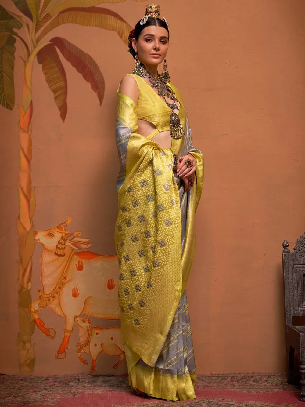 Yellowish Fossil Grey Designer Silk Saree - The Dori Store