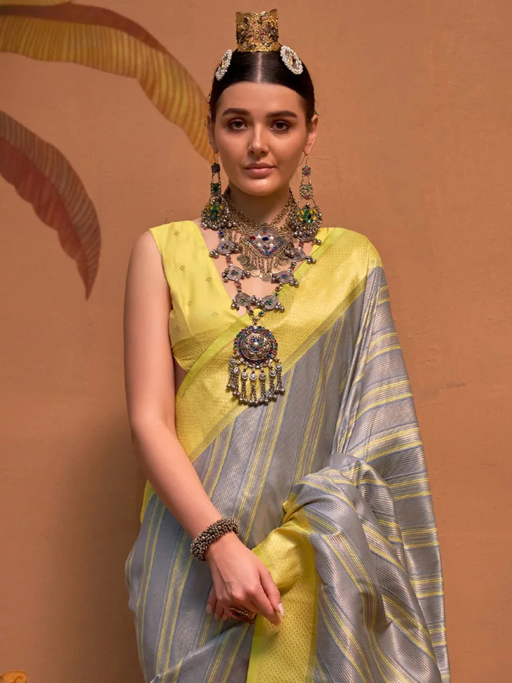 Yellowish Fossil Grey Designer Silk Saree - The Dori Store