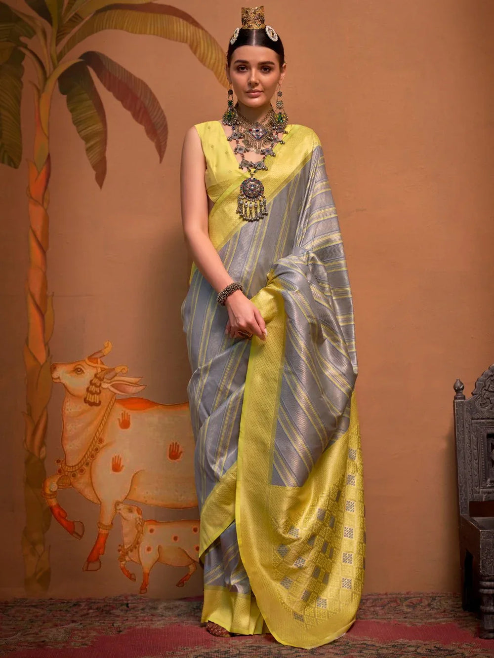 Yellowish Fossil Grey Designer Silk Saree - The Dori Store
