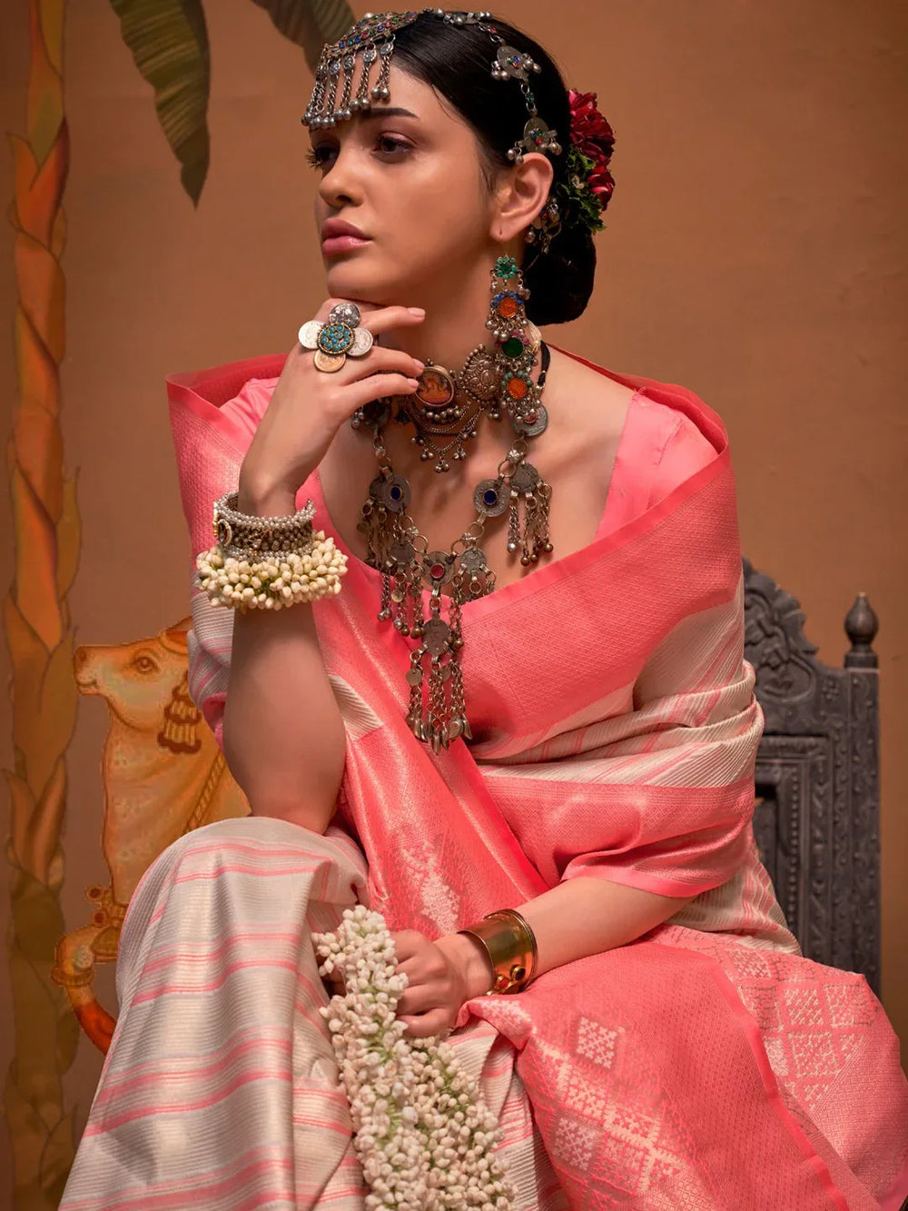 Pinkish Cream Partywear Silk Saree - The Dori Store