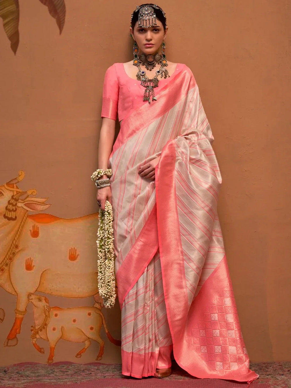 Pinkish Cream Partywear Silk Saree - The Dori Store
