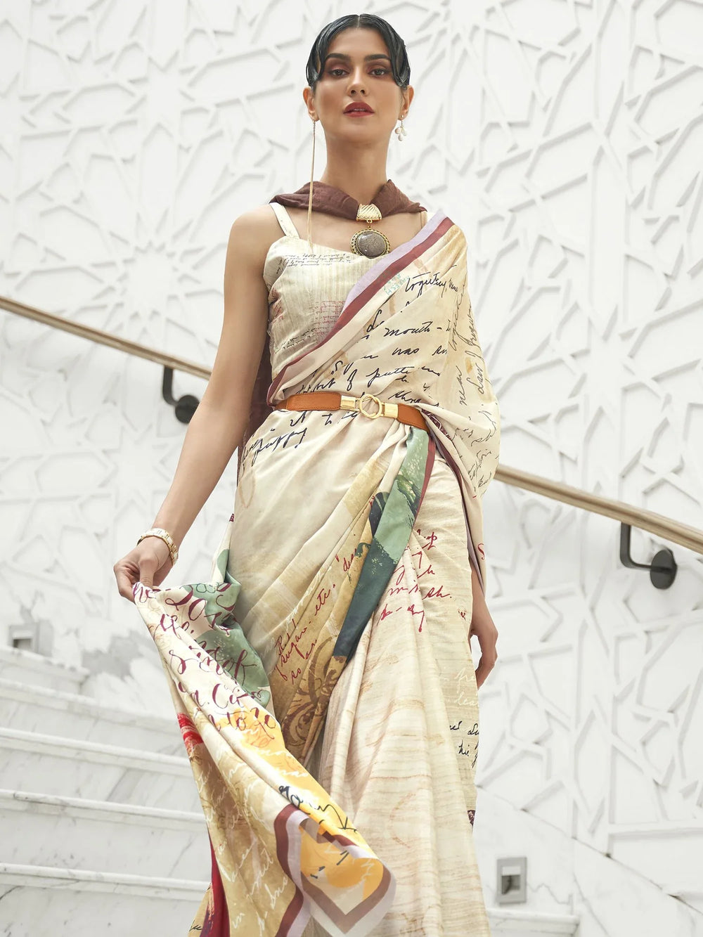Cream Festive Pure Crepe Silk Saree - The Dori Store