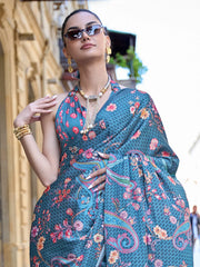 Denim Blue Digital Print Satin Crepe Silk Saree - The Dori Store