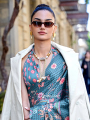 Denim Blue Digital Print Satin Crepe Silk Saree - The Dori Store