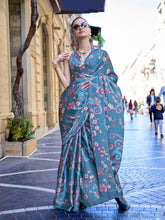 Denim Blue Digital Print Satin Crepe Silk Saree - The Dori Store