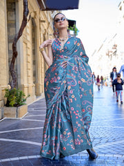 Denim Blue Digital Print Satin Crepe Silk Saree - The Dori Store