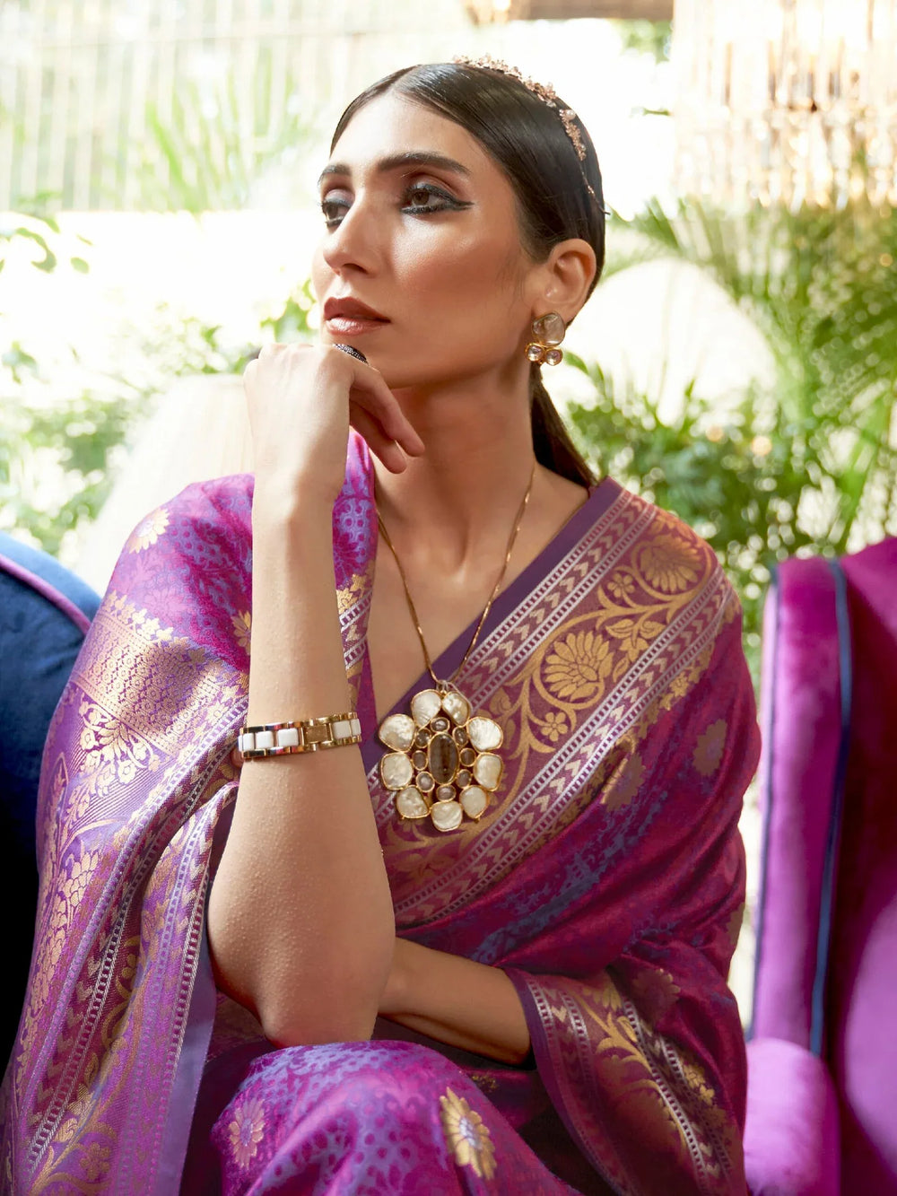 Royal Purple Partywear Banarasi Soft Silk Saree - The Dori Store