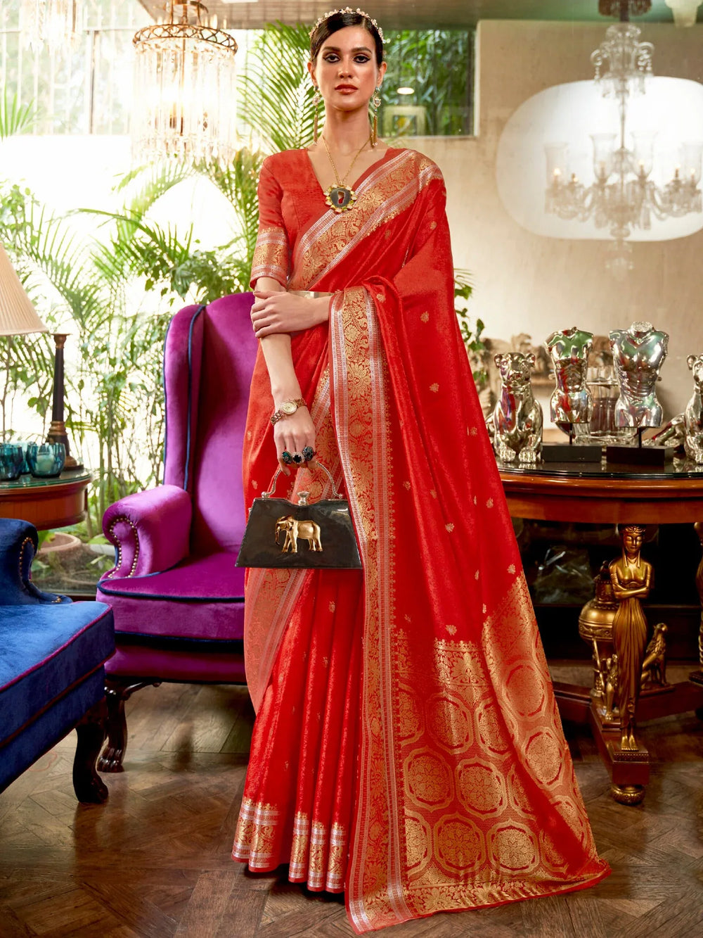 Royal Red Designer Banarasi Soft Silk Saree - The Dori Store