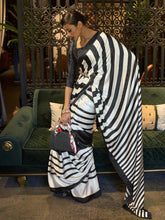 Black and White Japan Satin Crepe Saree - The Dori Store