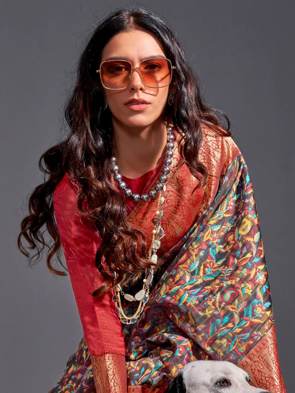 Red and Black Kashmiri Silk Saree - The Dori Store