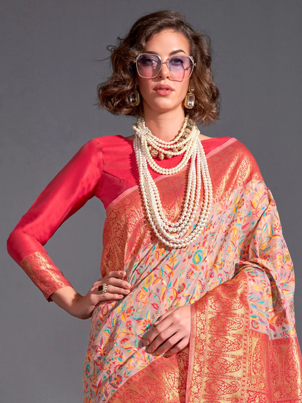 Peach Pink Kashmiri Silk Saree - The Dori Store