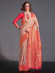 Peach Pink Kashmiri Silk Saree - The Dori Store