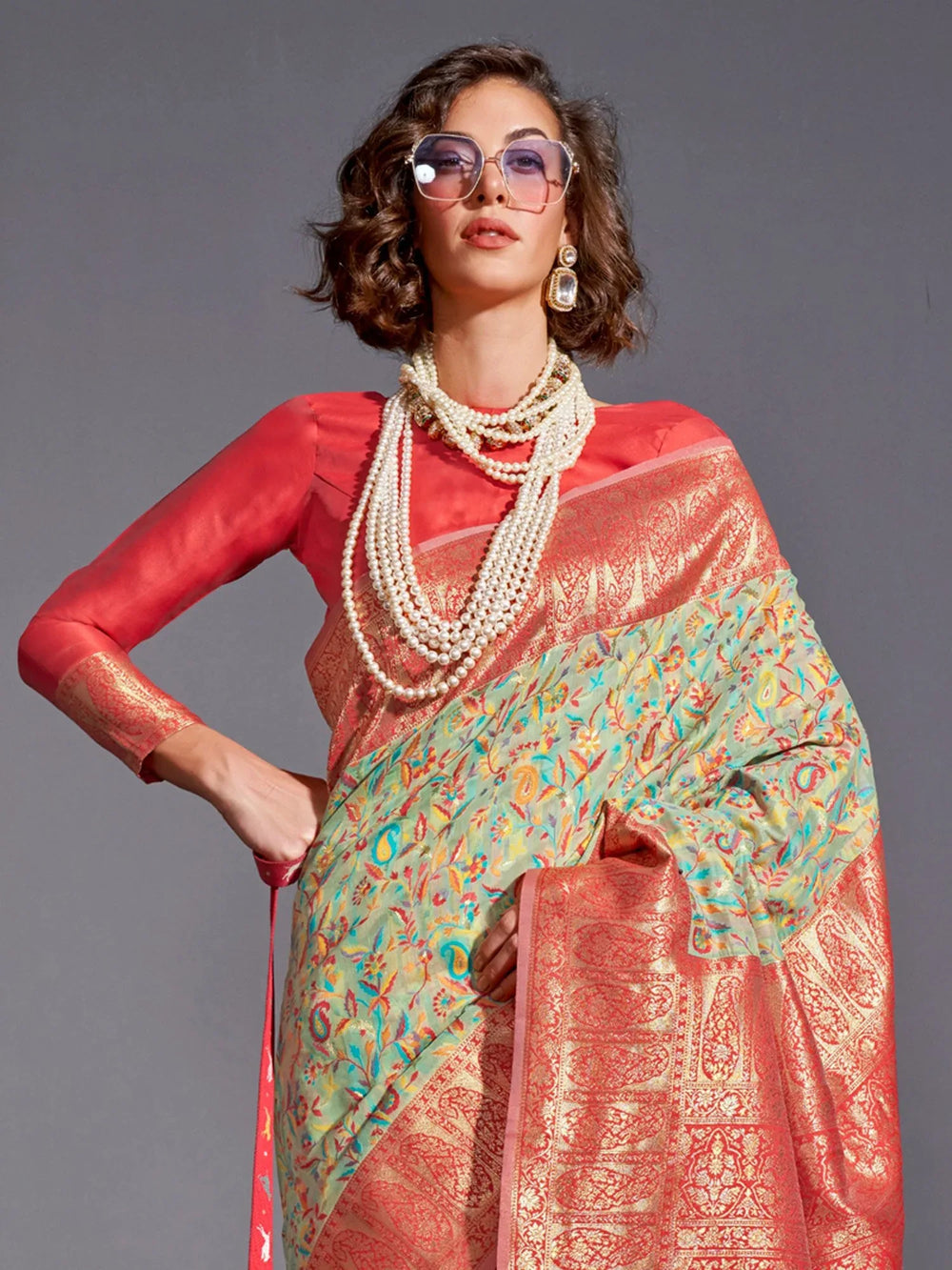 Pista Green Modal Kashmiri Silk Saree - The Dori Store