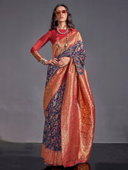 Royal Blue Modal Kashmiri Silk Saree - The Dori Store