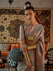 Grey Kanjeevaram Silk Blend Woven Saree - The Dori Store