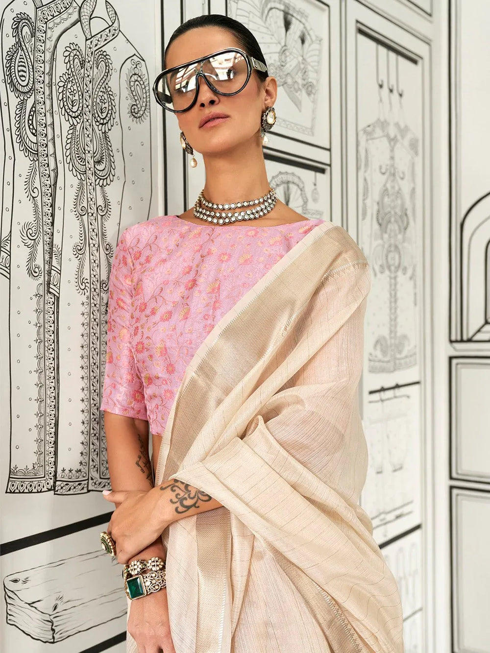 Ethnic Cream Handloom Chiffon Silk Saree - The Dori Store