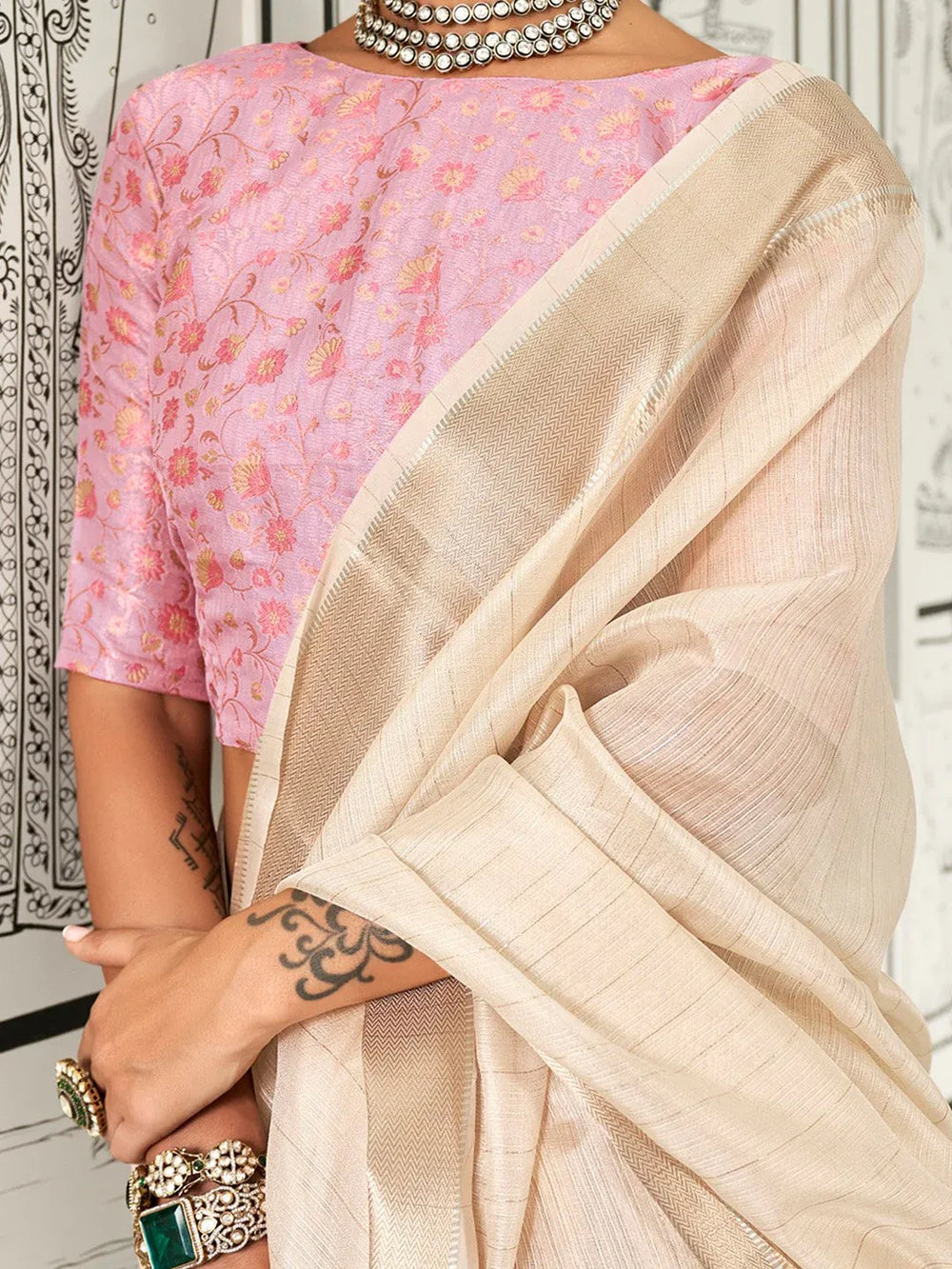 Ethnic Cream Handloom Chiffon Silk Saree - The Dori Store