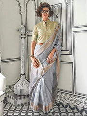 Elegant Grey Handloom Chiffon Silk Saree - The Dori Store