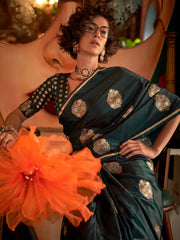 Dark Green Banarasi Satin Silk Saree - The Dori Store