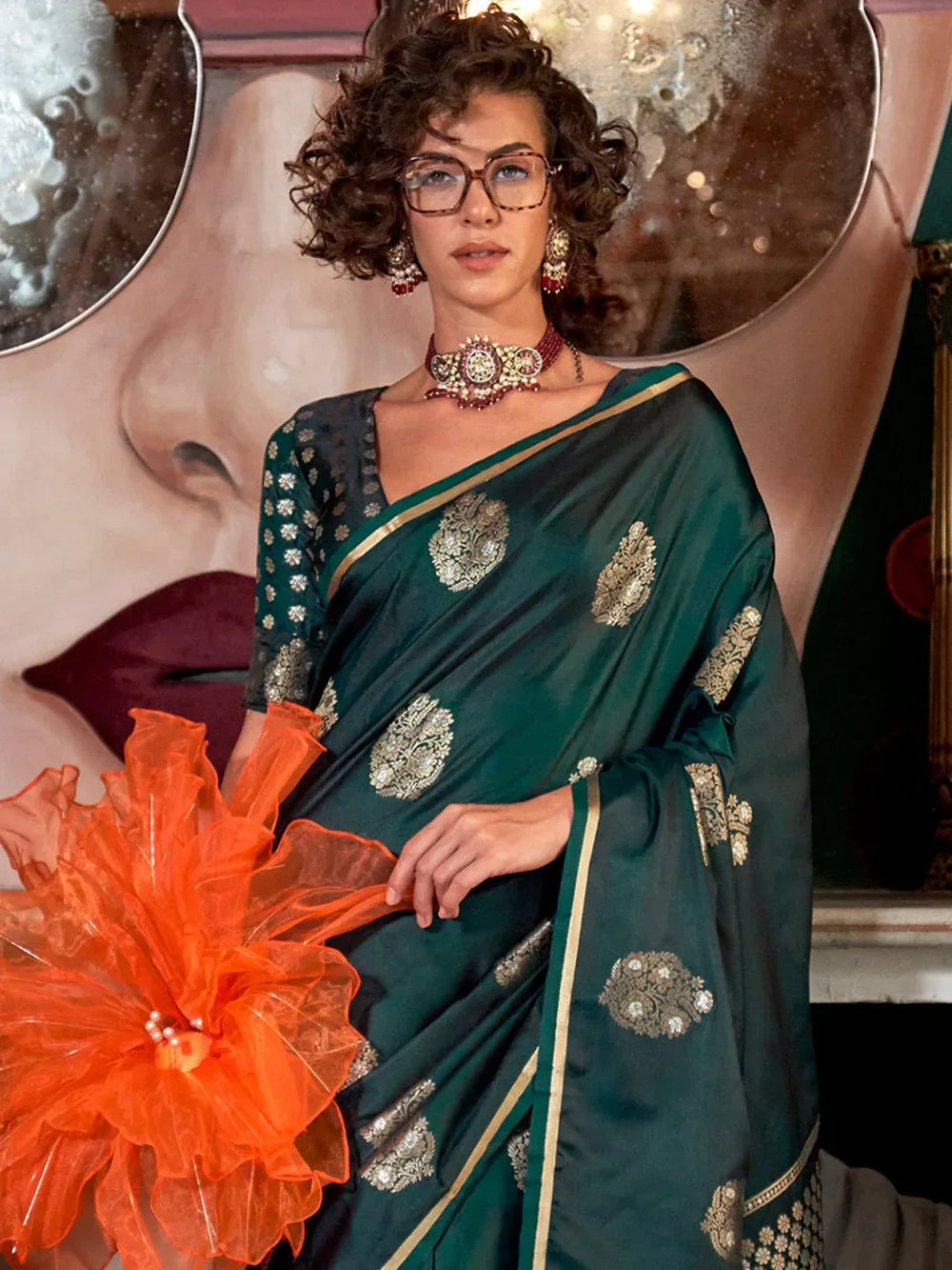 Dark Green Banarasi Satin Silk Saree - The Dori Store