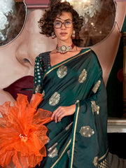 Dark Green Banarasi Satin Silk Saree - The Dori Store