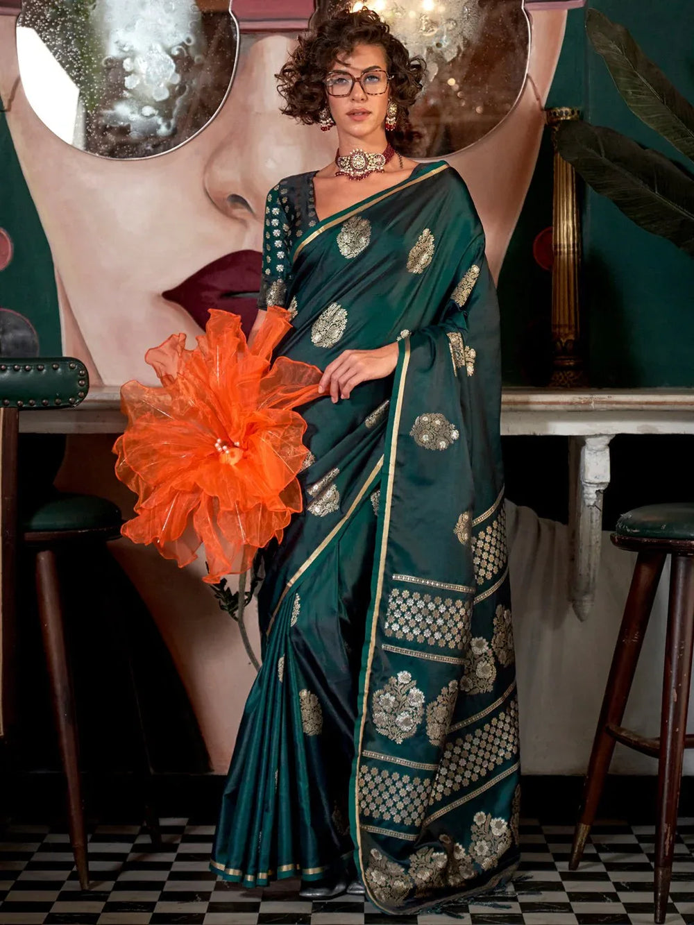 Dark Green Banarasi Satin Silk Saree - The Dori Store