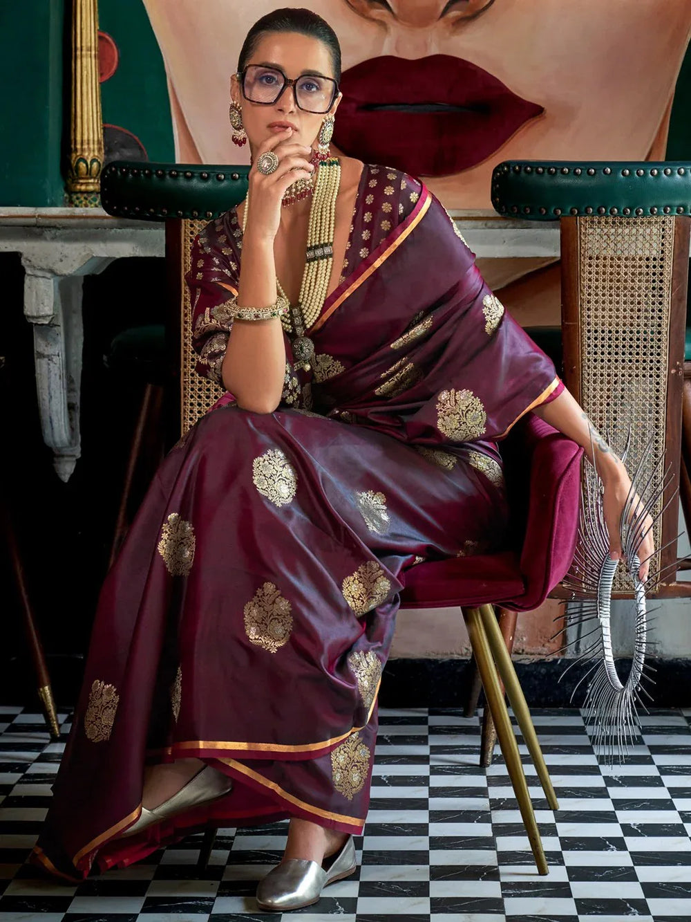 Wine Purple Banarasi Satin Silk Saree - The Dori Store