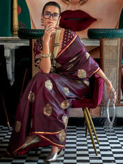 Wine Purple Banarasi Satin Silk Saree - The Dori Store