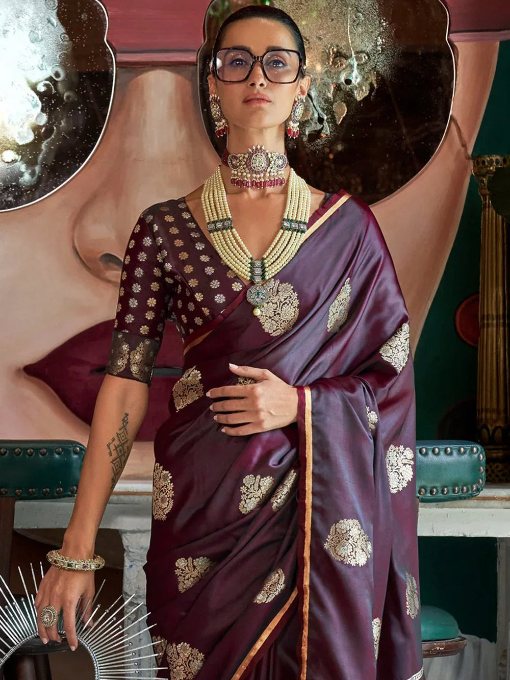 Wine Purple Banarasi Satin Silk Saree - The Dori Store