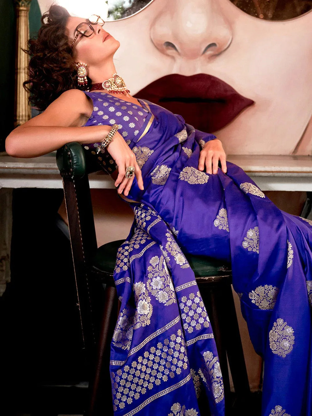 Indigo Blue Banarasi Satin Silk Saree - The Dori Store