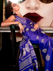 Indigo Blue Banarasi Satin Silk Saree - The Dori Store