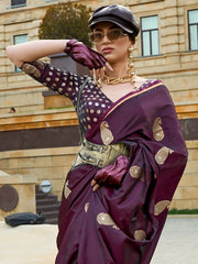Wine Purple Banarasi Satin Silk Saree - The Dori Store