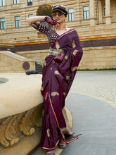 Wine Purple Banarasi Satin Silk Saree - The Dori Store