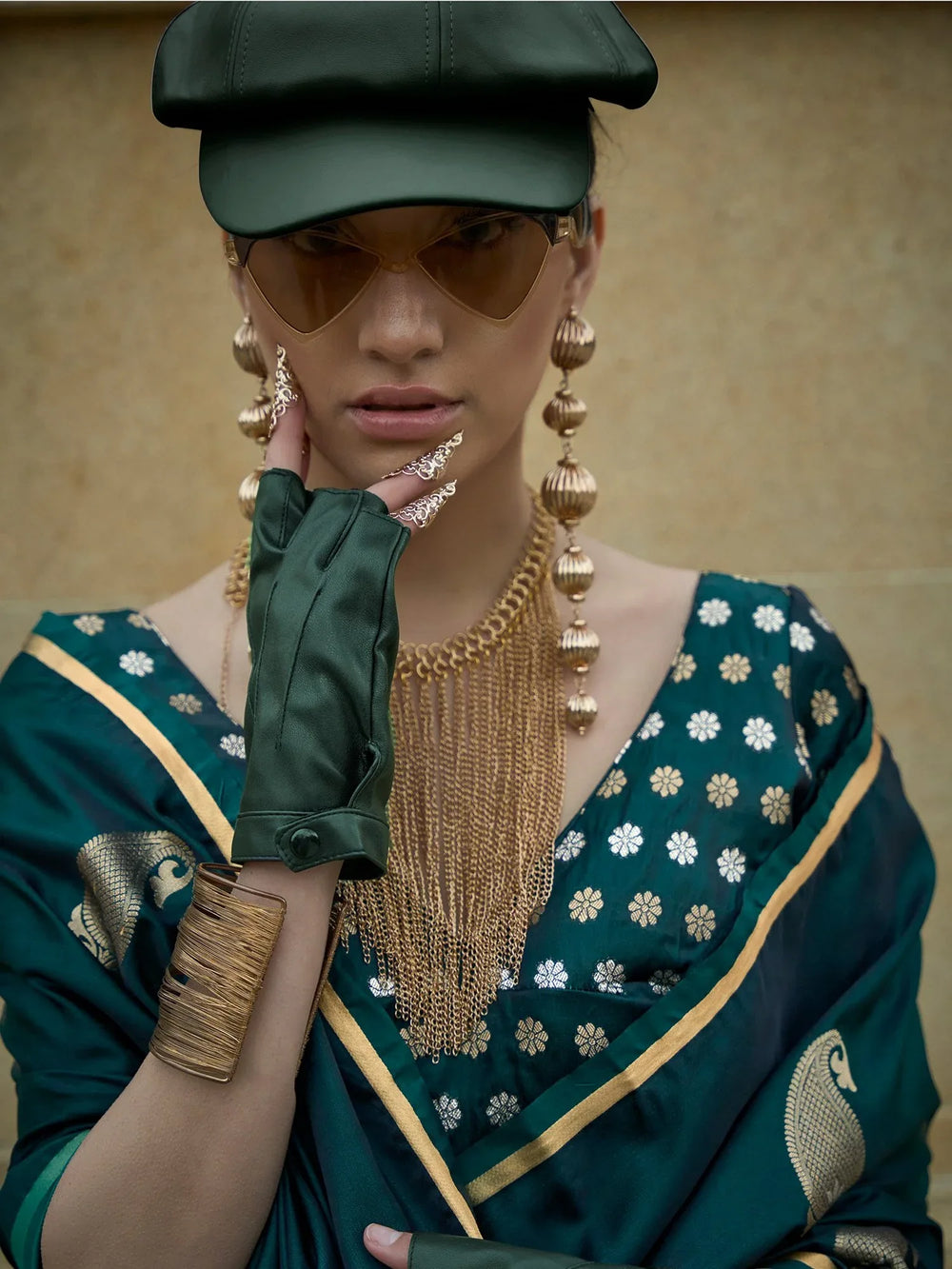 Hunter Green Banarasi Satin Silk Saree - The Dori Store