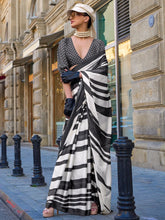 White and Black Satin Silk Saree - The Dori Store