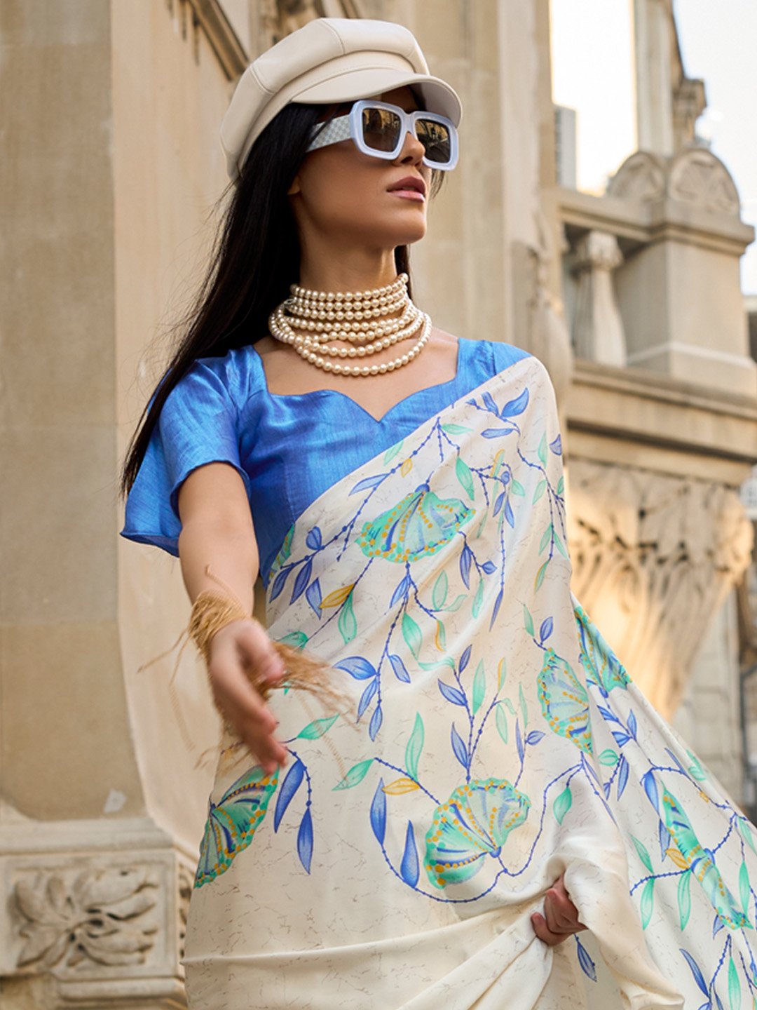 Cream Block Print Satin Printed Saree