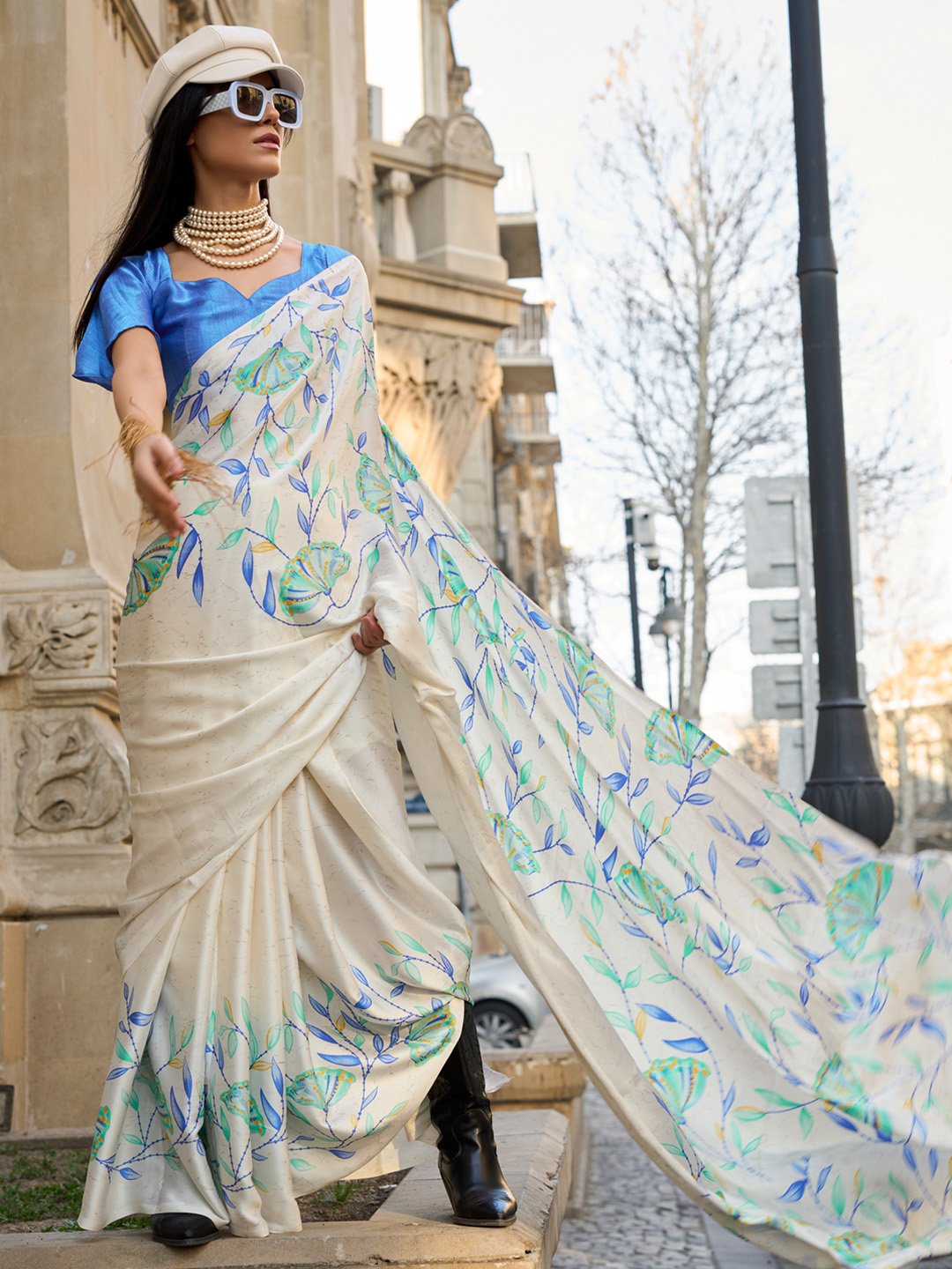 White Cream Block Print Satin Printed Saree