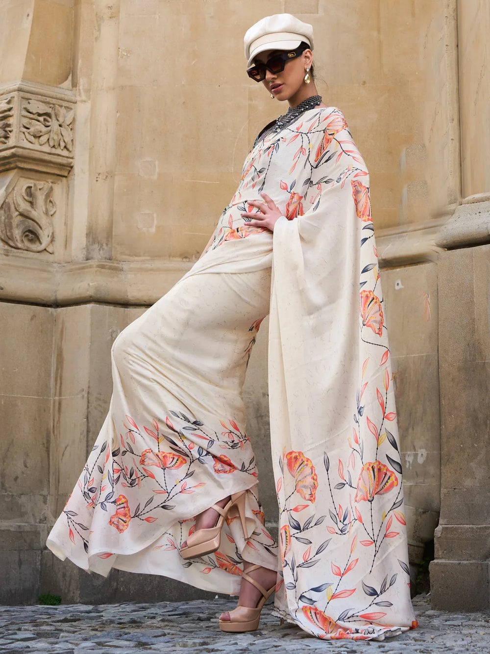 Cream Soft Satin Silk Saree - The Dori Store