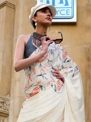 Cream Soft Satin Silk Saree - The Dori Store