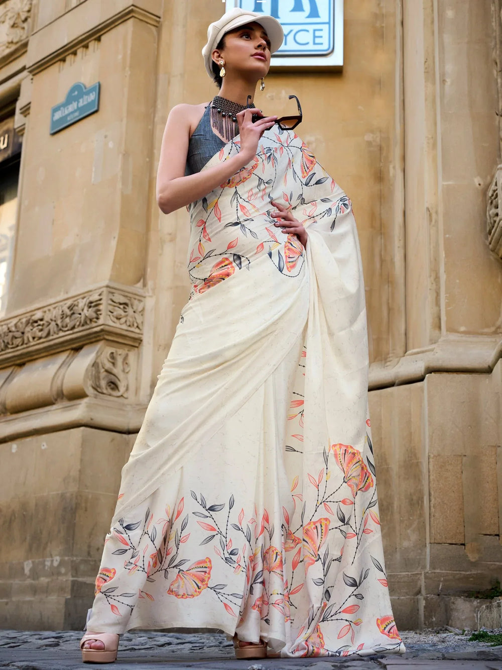 Cream Soft Satin Silk Saree - The Dori Store