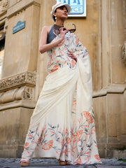 Cream Soft Satin Silk Saree - The Dori Store