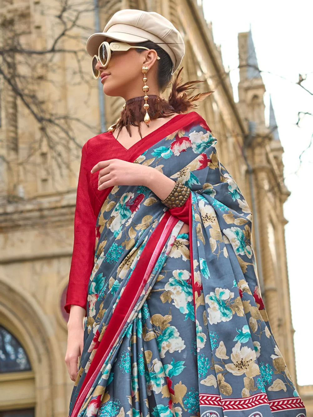 Floral Grey Soft Satin Silk Saree - The Dori Store