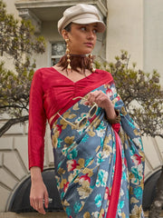 Floral Grey Soft Satin Silk Saree - The Dori Store