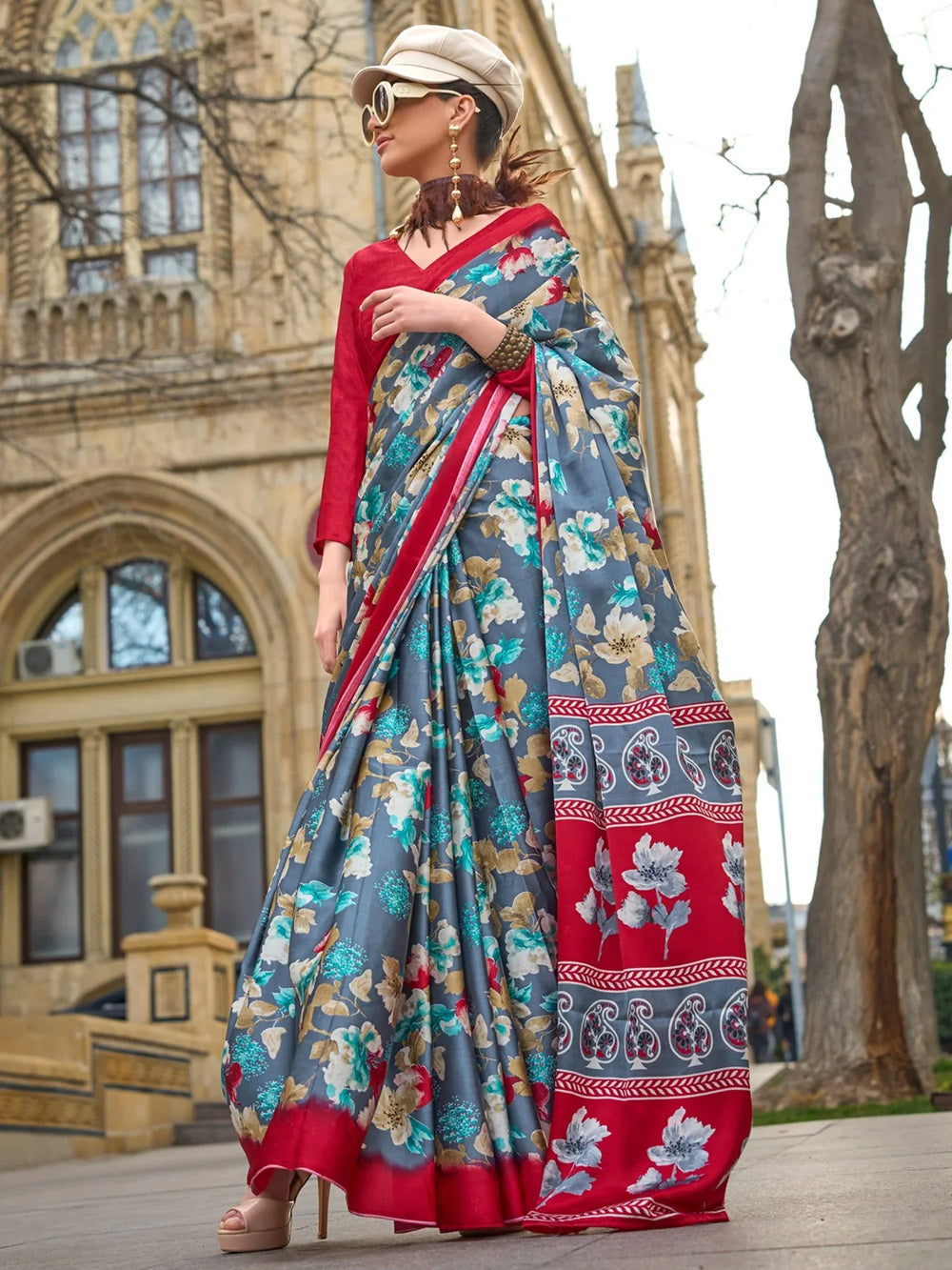 Floral Grey Soft Satin Silk Saree - The Dori Store
